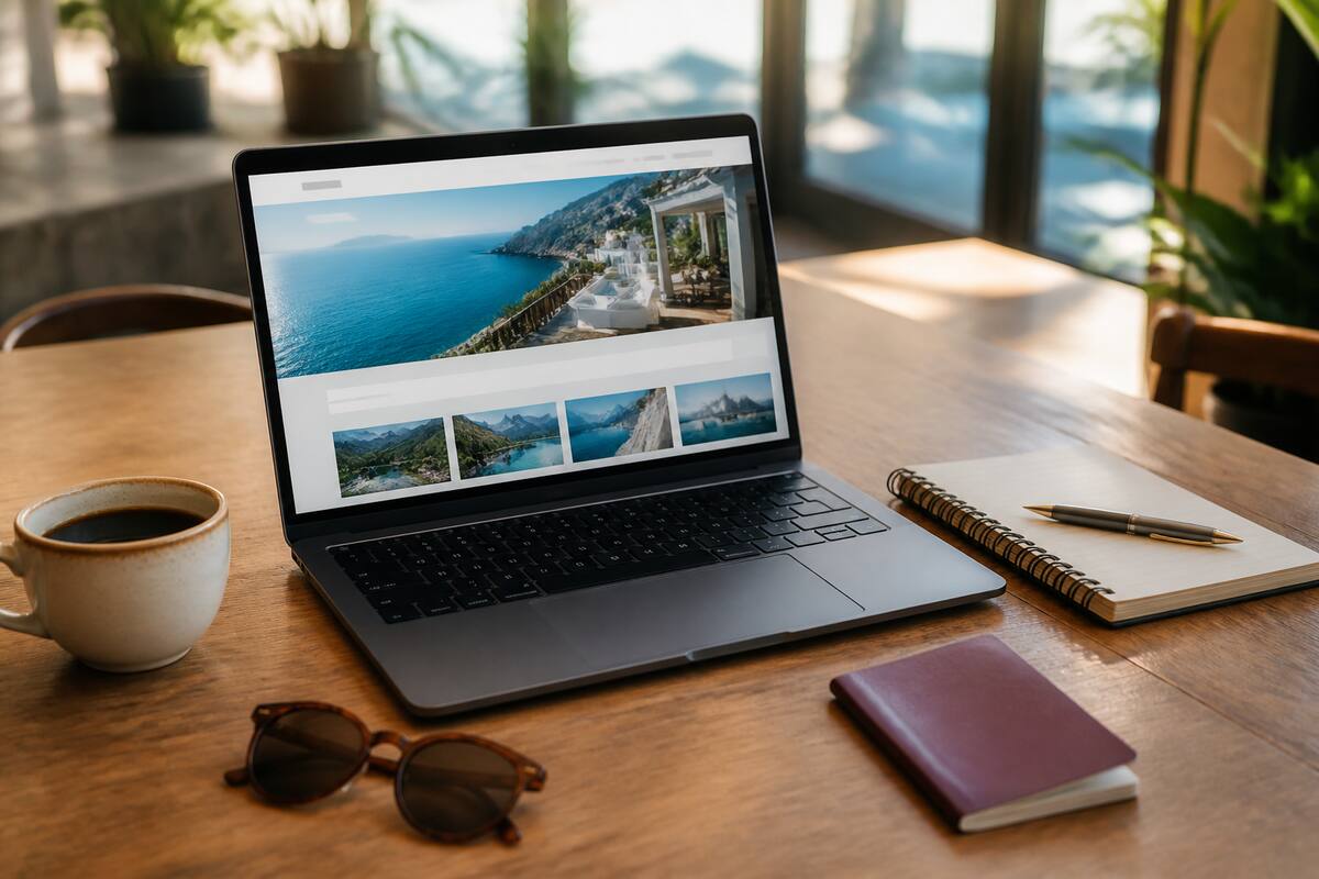 Laptop en notitieboek op tafel tijdens het vergelijken van vakanties