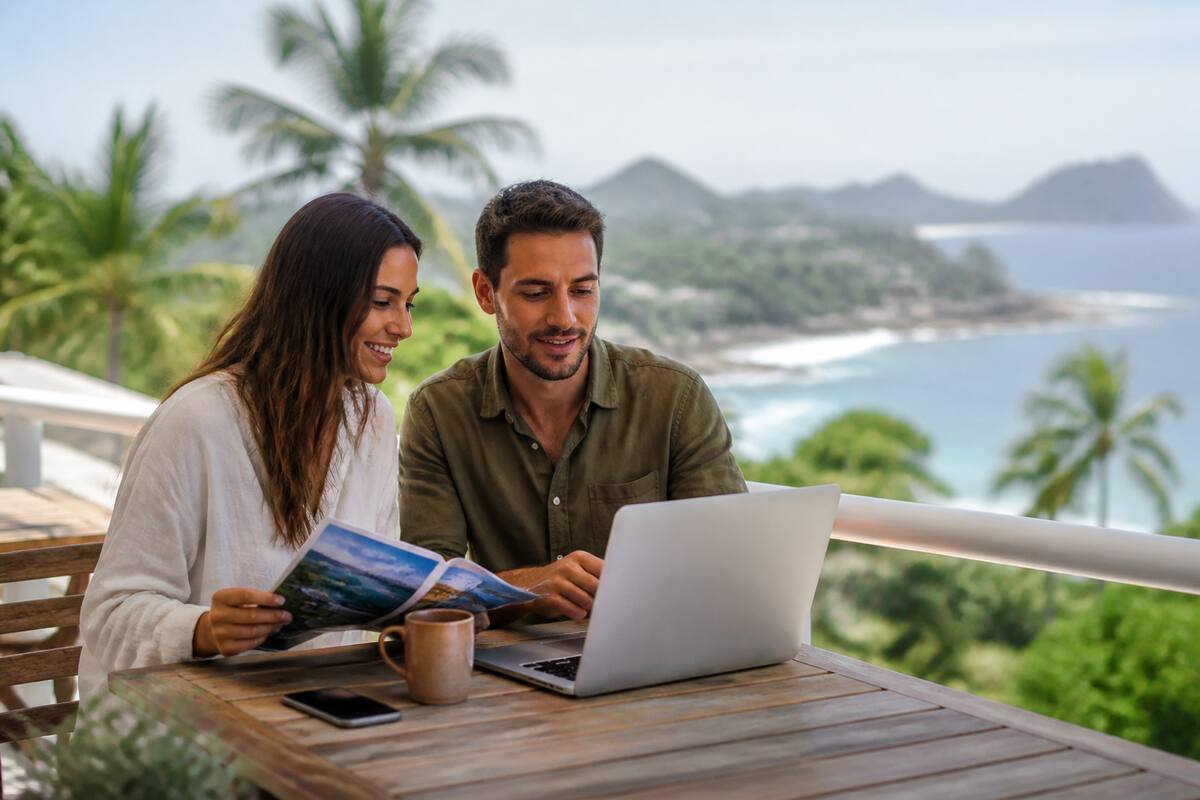 Vakanties vergelijken op een laptop met reisfolders op een zonnig balkon
