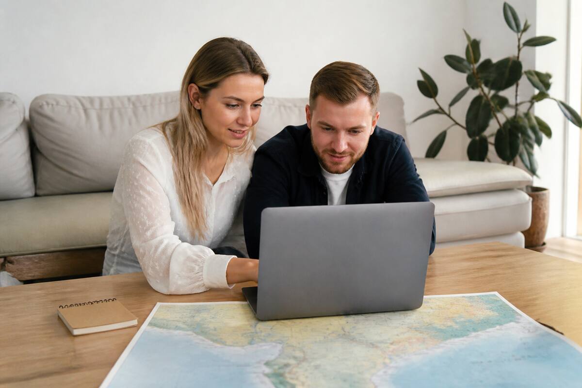 Stel dat samen vakanties vergelijkt op een laptop in een lichte woonkamer