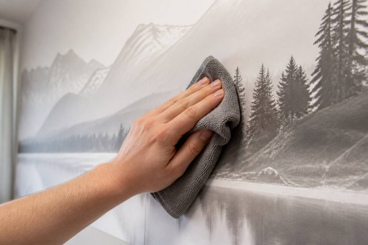 Hand die fotobehang voorzichtig schoonmaakt met een microvezeldoek