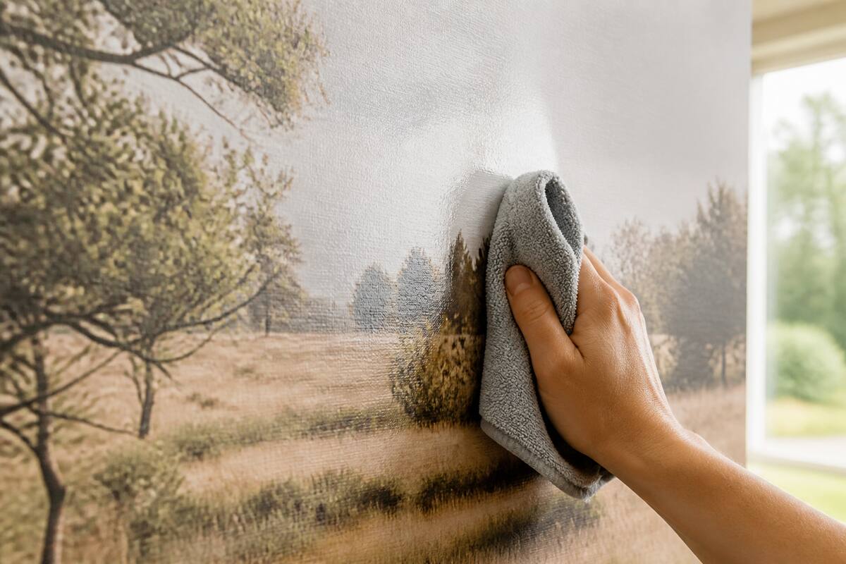 Voorzichtig fotobehang schoonmaken met een zachte microvezeldoek bij daglicht.