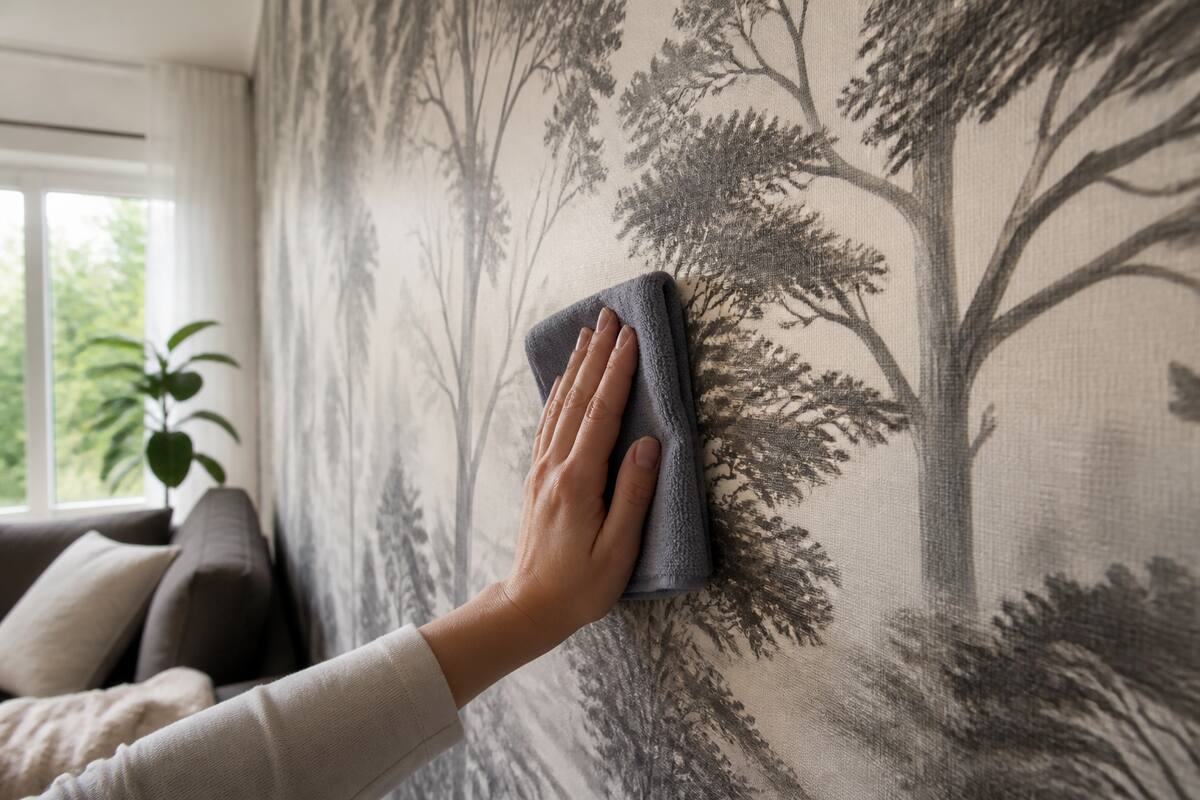 Fotobehang schoonmaken met een zachte microvezeldoek in een woonkamer, zonder tekst in beeld