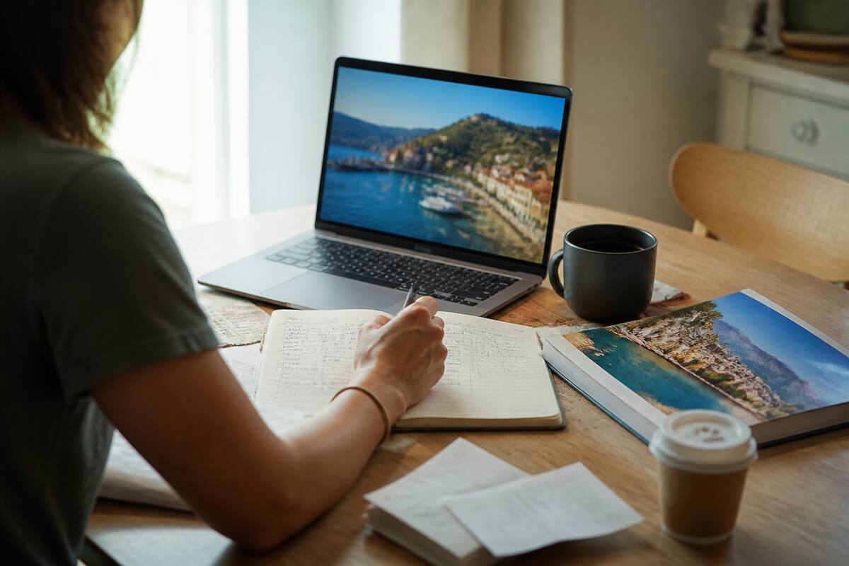 Je vakanties vergelijken aan een tafel met laptop en notities