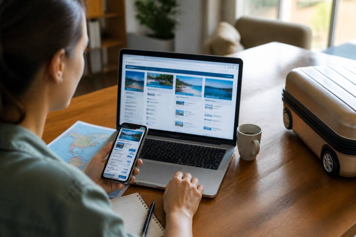 Reiziger die vakanties en aanbiedingen vergelijkt op een laptop met reisplannen op tafel