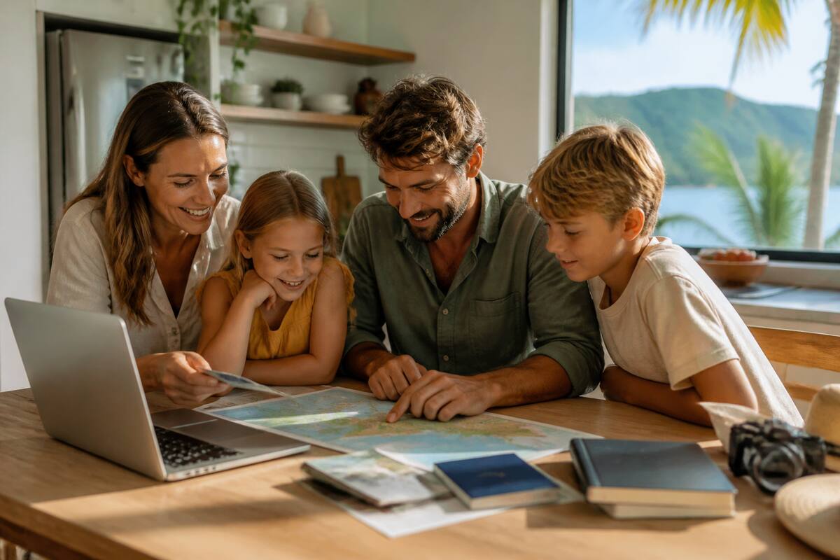 Gezin dat reistips en vakantieopties vergelijkt op een laptop met reisdocumenten