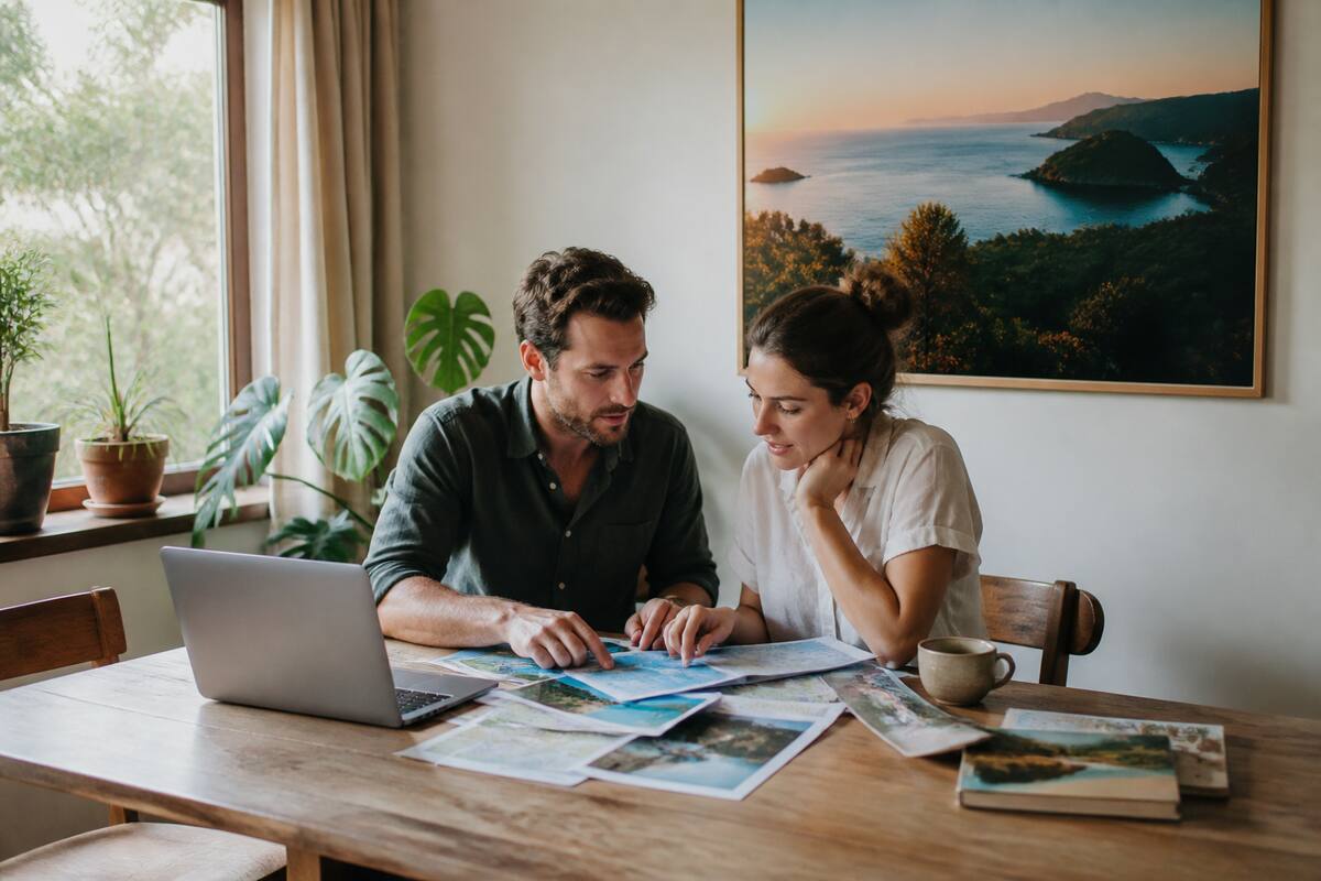 Stel dat aan tafel vakantieopties vergelijkt met laptop en reisnotities